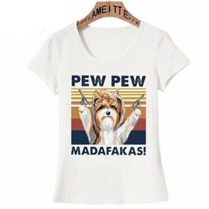 Image of a Shih Tzu t-shirt featuring a super-cute Shih Tzu with guns in his hands and the text which says "PEW PEW MADAFAKAS"