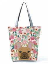 Load image into Gallery viewer, Image of a fawn french bulldog tote bag in a most adorable fawn french bulldog in bloom design