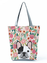 Load image into Gallery viewer, Image of a pied black and white frenchie tote bag in a most adorable pied black and white french bulldog in bloom design