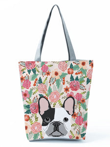 Image of a pied black and white frenchie tote bag in a most adorable pied black and white french bulldog in bloom design