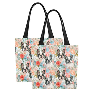 Pied French Bulldogs in Floral Bloom Large Canvas Tote Bags - Set of 2-Accessories-Accessories, Bags, French Bulldog-12