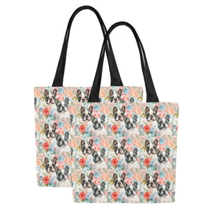 Pied French Bulldogs in Floral Bloom Large Canvas Tote Bags - Set of 2-Accessories-Accessories, Bags, French Bulldog-13