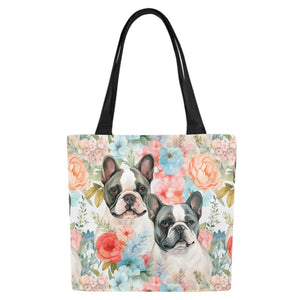 Pied French Bulldogs in Floral Bloom Large Canvas Tote Bags - Set of 2-Accessories-Accessories, Bags, French Bulldog-8