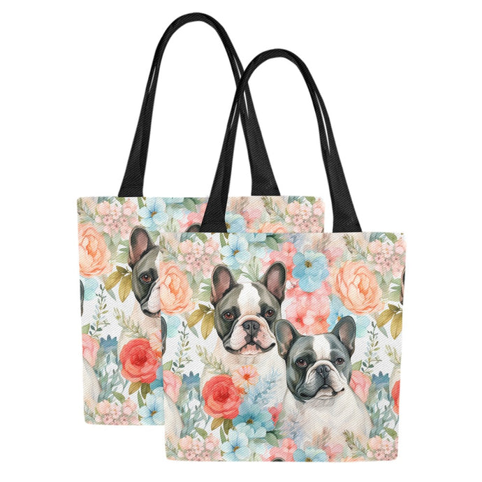 Pied French Bulldogs in Floral Bloom Large Canvas Tote Bags - Set of 2-Accessories-Accessories, Bags, French Bulldog-One Pair-Set of 2-1