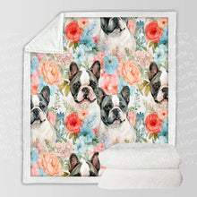 Load image into Gallery viewer, Pied French Bulldogs in Floral Bloom Soft Warm Fleece Blanket-Blanket-Blankets, French Bulldog, Home Decor-10