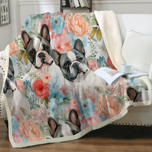 Load image into Gallery viewer, Pied French Bulldogs in Floral Bloom Soft Warm Fleece Blanket-Blanket-Blankets, French Bulldog, Home Decor-11