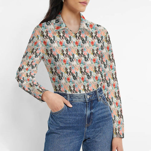 Pied French Bulldogs in Floral Bloom Women's Shirt-Apparel-Apparel, French Bulldog, Shirt-9