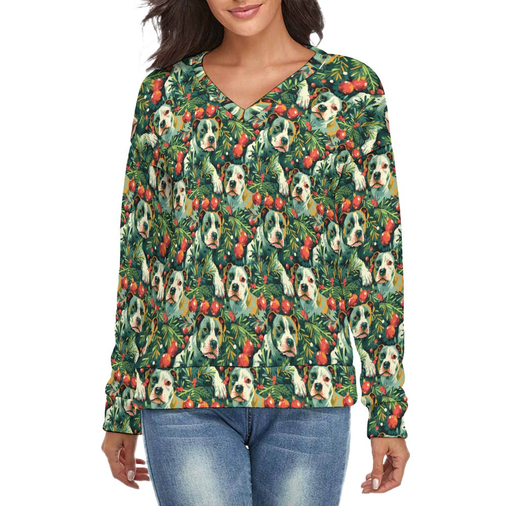 Pine and Pit Bulls Canopy Women's V-Neck Christmas Sweater-Apparel-Apparel,Christmas,Dog Mom Gifts,Pit Bull,Sweater,Sweatshirt-S-2