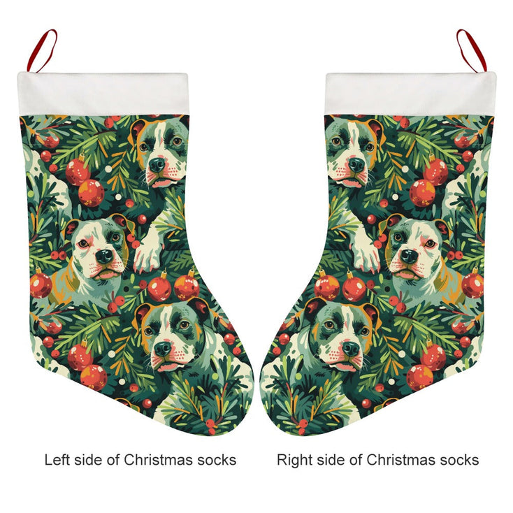 Pine and Pit Bulls Christmas Canopy Christmas Stocking-Christmas Ornament-Christmas, Home Decor, Pit Bull-26X42CM-White1-3