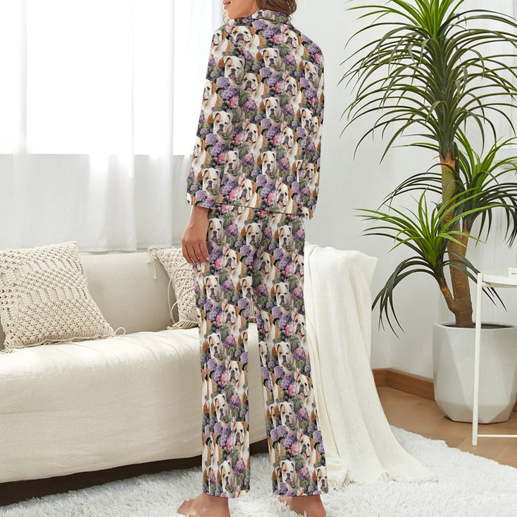 Pink and Purple Petal Bulldogs Pajama Set for Women-S-White1-1