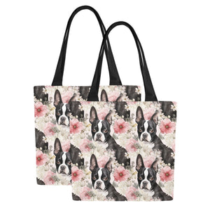 Pink and White Floral Boston Terriers Large Canvas Tote Bags - Set of 2-Accessories-Accessories, Bags, Boston Terrier-12