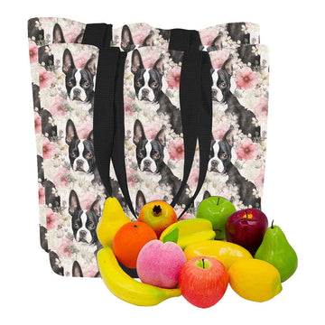 Pink and White Floral Boston Terriers Large Canvas Tote Bags - Set of 2-Accessories-Accessories, Bags, Boston Terrier-4