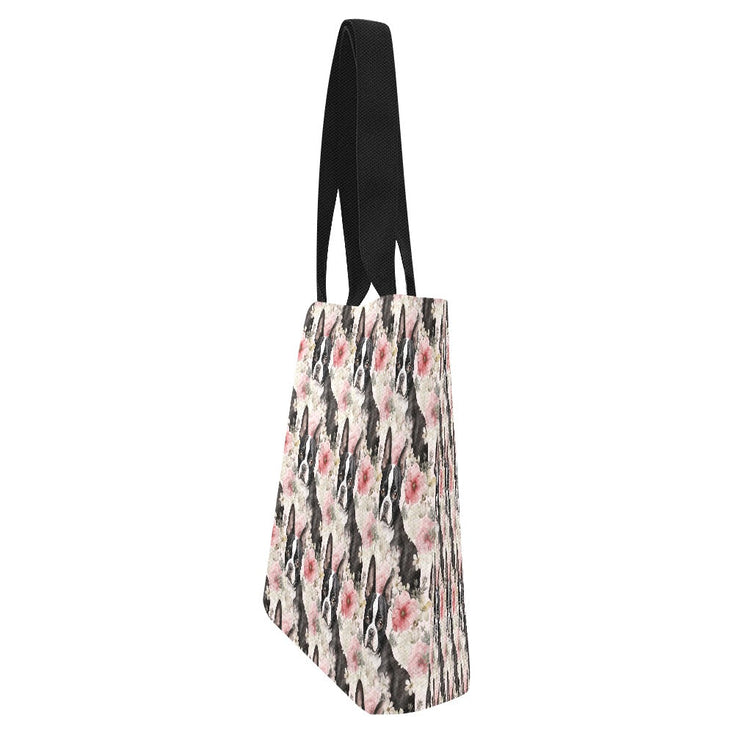 Pink and White Floral Boston Terriers Large Canvas Tote Bags - Set of 2-Accessories-Accessories, Bags, Boston Terrier-5