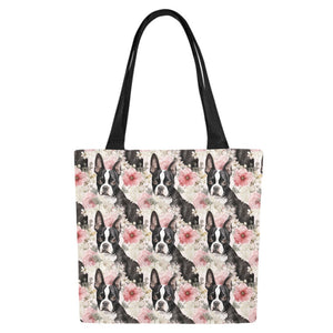 Pink and White Floral Boston Terriers Large Canvas Tote Bags - Set of 2-Accessories-Accessories, Bags, Boston Terrier-6