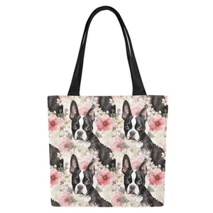 Pink and White Floral Boston Terriers Large Canvas Tote Bags - Set of 2-Accessories-Accessories, Bags, Boston Terrier-7
