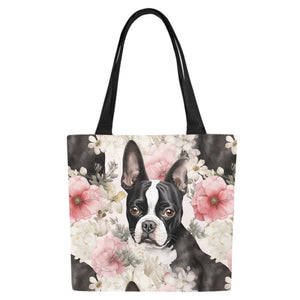 Pink and White Floral Boston Terriers Large Canvas Tote Bags - Set of 2-Accessories-Accessories, Bags, Boston Terrier-8