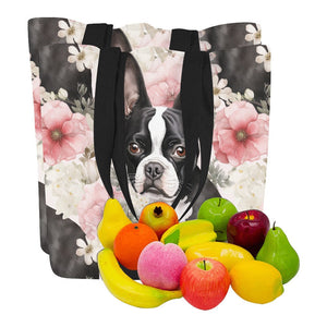 Pink and White Floral Boston Terriers Large Canvas Tote Bags - Set of 2-Accessories-Accessories, Bags, Boston Terrier-9