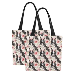Pink and White Floral Boston Terriers Large Canvas Tote Bags - Set of 2-Accessories-Accessories, Bags, Boston Terrier-Maximum Bostons-Set of 2-3