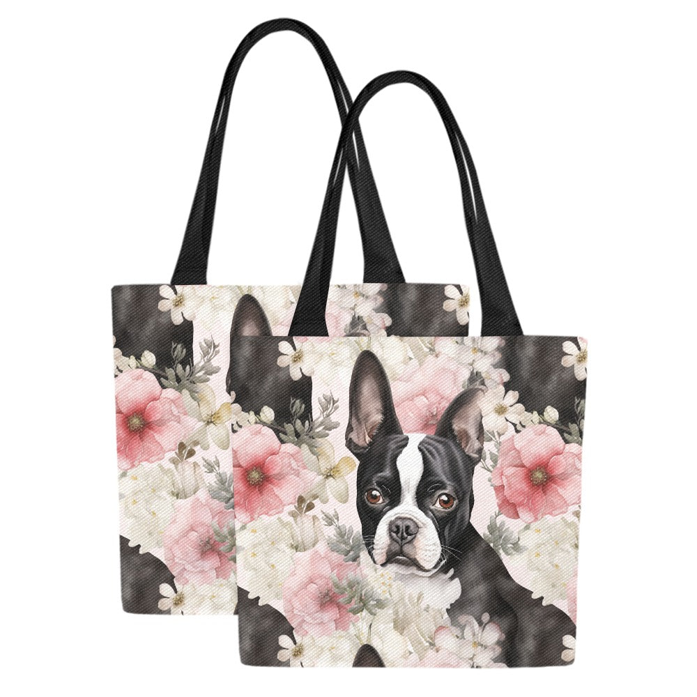 Pink and White Floral Boston Terriers Large Canvas Tote Bags - Set of 2-Accessories-Accessories, Bags, Boston Terrier-One Boston-Set of 2-1