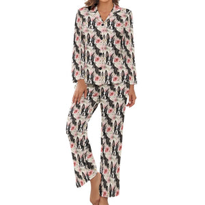 Pink and White Floral Boston Terriers Pajamas Set for Women-Pajamas-Apparel, Boston Terrier, Pajamas-4