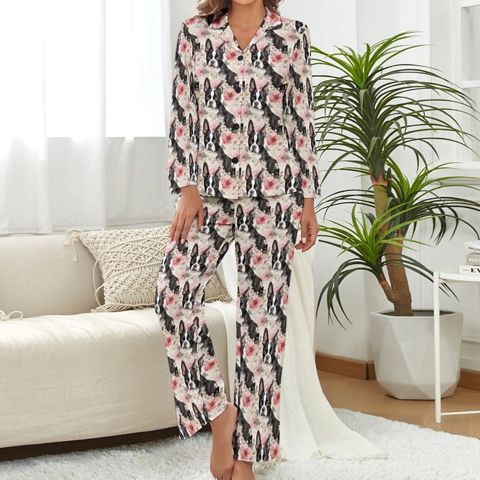 Pink and White Floral Boston Terriers Pajamas Set for Women-Pajamas-Apparel, Boston Terrier, Pajamas-S-1