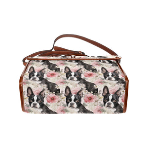 Pink and White Floral Boston Terriers Shoulder Bag Purse-Accessories-Bags, Boston Terrier, Purse-Black-ONE SIZE-2