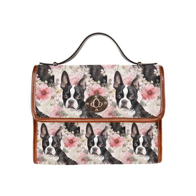 Pink and White Floral Boston Terriers Shoulder Bag Purse-Accessories-Bags, Boston Terrier, Purse-Black-ONE SIZE-1