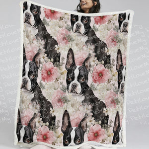 Pink and White Floral Boston Terriers Soft Warm Fleece Blanket-Blanket-Blankets, Boston Terrier, Home Decor-11