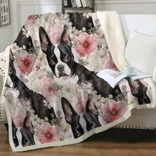 Load image into Gallery viewer, Pink and White Floral Boston Terriers Soft Warm Fleece Blanket-Blanket-Blankets, Boston Terrier, Home Decor-12