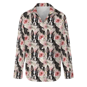Pink and White Floral Boston Terriers Women's Shirt- 3 Designs-Zoom in-S-4