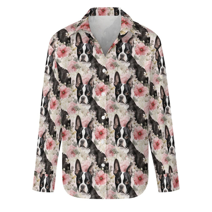 Pink and White Floral Boston Terriers Women's Shirt- 3 Designs-Zoom in-S-4