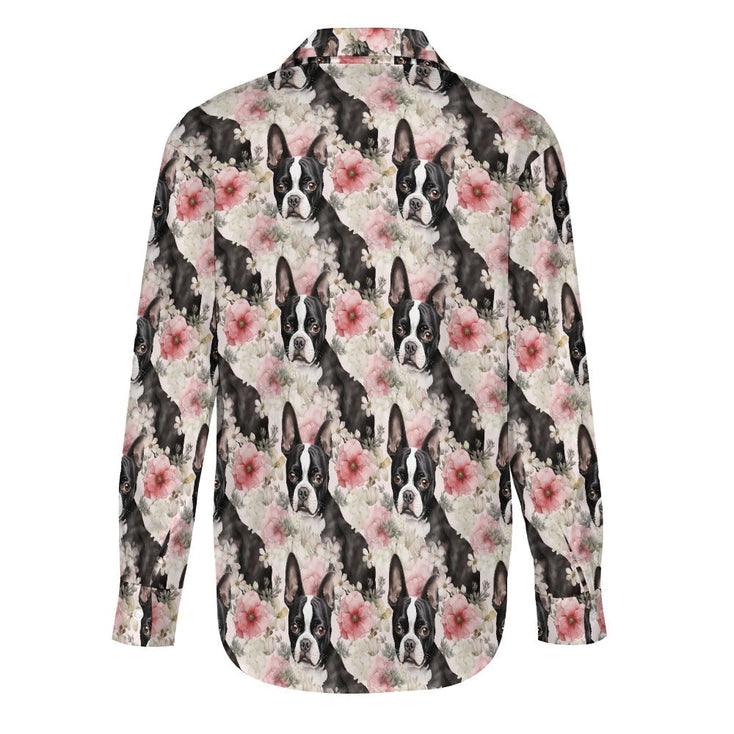 Pink and White Floral Boston Terriers Women's Shirt- 3 Designs-7