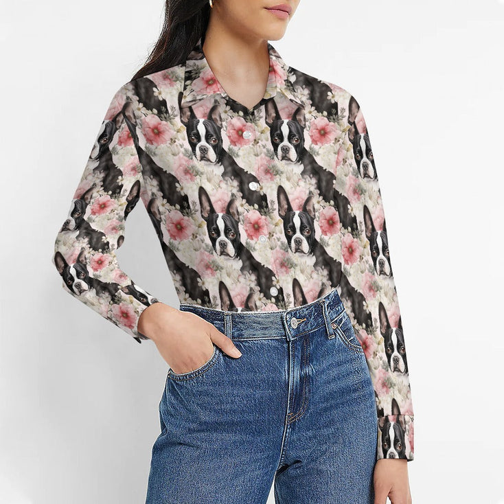 Pink and White Floral Boston Terriers Women's Shirt- 3 Designs-1