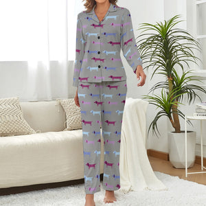 Pink Blue Tessellation Dachshunds Pajama Set for Women-Pajamas-Apparel, Dachshund, Pajamas-Parisian Gray-S-4