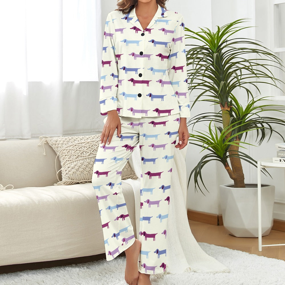 Pink Blue Tessellation Dachshunds Pajama Set for Women-Pajamas-Apparel, Dachshund, Pajamas-Ivory White-S-1