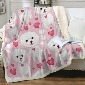 Pink Hearts and Bichon Frise Love Soft Warm Fleece Blanket-Blanket-Bichon Frise, Blankets, Home Decor-14