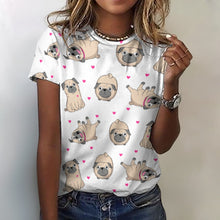 Load image into Gallery viewer, Pink Hearts Pug Love All Over Print Women&#39;s Cotton T-Shirt - 4 Colors-Apparel-Apparel, Pug, Shirt, T Shirt-2XS-White-1