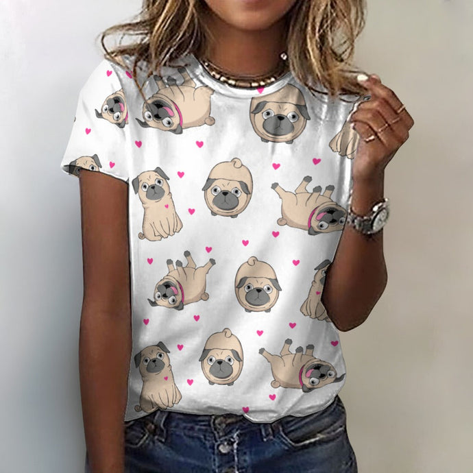 Pink Hearts Pug Love All Over Print Women's Cotton T-Shirt - 4 Colors-Apparel-Apparel, Pug, Shirt, T Shirt-2XS-White-1