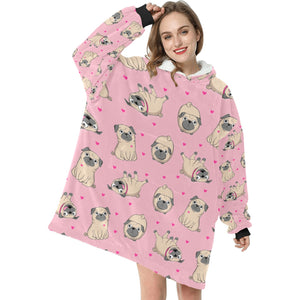 Pink Hearts Pug Love Blanket Hoodie for Women-Apparel-Apparel, Blankets-3