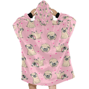Pink Hearts Pug Love Blanket Hoodie for Women-Apparel-Apparel, Blankets-2
