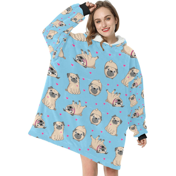 Pink Hearts Pug Love Blanket Hoodie for Women-Apparel-Apparel, Blankets-7