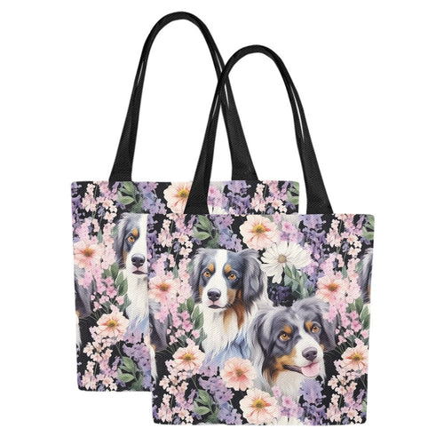 Pink Petals and Australian Shepherds Large Canvas Tote Bags - Set of 2-Accessories-Accessories, Australian Shepherd, Bags-One Pair-1