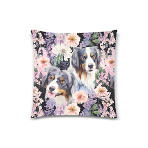 Pink Petals and Australian Shepherds Throw Pillow Covers-Cushion Cover-Australian Shepherd, Home Decor, Pillows-2