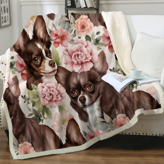 Pink Petals and Chocolate and White Chihuahuas Soft Warm Fleece Blanket-Blanket-Blankets, Chihuahua, Home Decor-Small-1