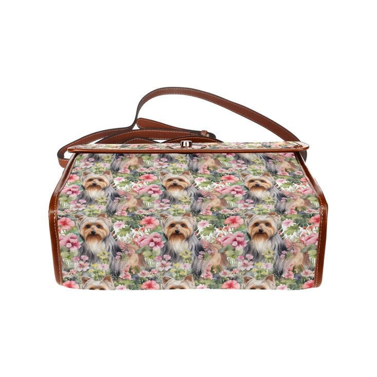Pink Petals Yorkie Bloom Waterproof Shoulder Bag-Accessories-Accessories, Bags, Yorkshire Terrier-Black-ONE SIZE-2