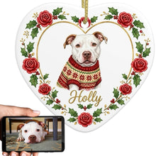 Load image into Gallery viewer, Pit Bull Ornament - Personalized Heart Shaped Christmas Rose Border - with Name-Christmas Ornament-Christmas,Personalize Artwork,Pit Bull-1