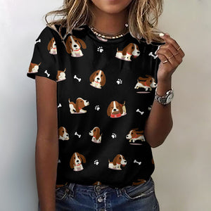 Playful Basset Hound Love All Over Print Women's Cotton T-Shirt - 4 Colors-Apparel-Apparel, Basset Hound, Shirt, T Shirt-2XS-Black-1