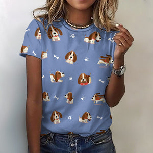 Playful Basset Hound Love All Over Print Women's Cotton T-Shirt - 4 Colors-Apparel-Apparel, Basset Hound, Shirt, T Shirt-2XS-CornflowerBlue-11