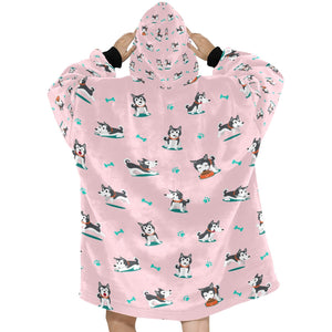 Playful Black and White Huskies Blanket Hoodie for Women-Blanket-Apparel, Blanket Hoodie, Blankets, Siberian Husky-10