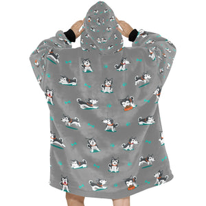 Playful Black and White Huskies Blanket Hoodie for Women-Blanket-Apparel, Blanket Hoodie, Blankets, Siberian Husky-12